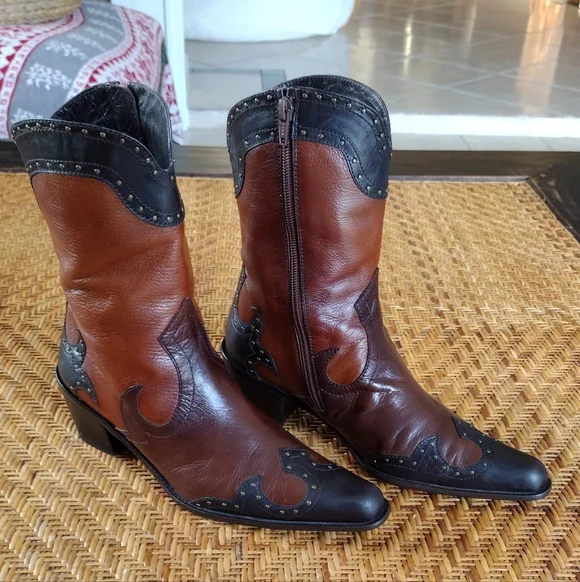 Stuart Weitzman Tri Colored Leather Studded Pointed Toe Western Boots - Picture 1 of 10